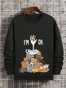 ChArmkpR Mens Cartoon Cat Slogan Print Crew Neck Pullover Sweatshirts Winter