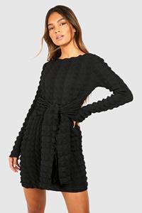 Boohoo Bolletjes Mini Jurk Met Strik En Lange Mouwen, Black