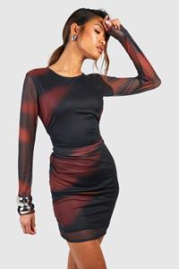 Boohoo Abstract Printed Mesh Long Sleeve Ruched Mini Dress, Black