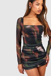 Boohoo Abstract Rouched Mesh Mini Dress, Multi