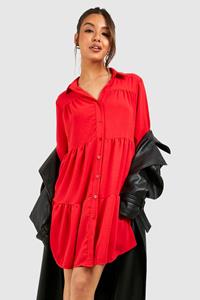 Boohoo Hammered Tiered Smock Shirt Dress, Red