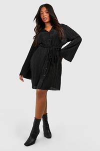 Boohoo Plus Plisse Blouse Jurk Met Wijde Mouwen En Strik, Black