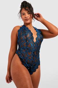 Boohoo Plus Kanten Kruisloze Two Tone One Piece, Blue