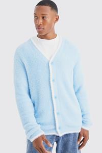 Boohoo Relaxed Fluffy Cardigan With Tipping, Pale Blue
