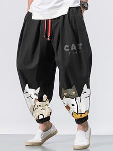 ChArmkpR Mens Japanese Cat Print Loose Contrast Drawstring Waist Pants Winter