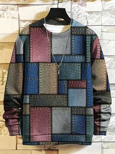 ChArmkpR Mens Vintage Color Block Print Crew Neck Pullover Sweatshirts Winter