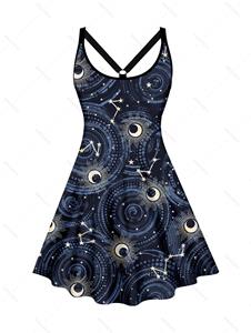 Dresslily Celestial Moon Galaxy Star Print Dress V Neck O-Ring A Line Mini Dress