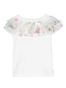 Monnalisa T-shirt met bloemenprint en ruches - Wit