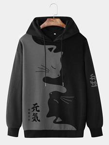 ChArmkpR Mens Contrast Japanese Cat Print Long Sleeve Drawstring Hoodies Winter