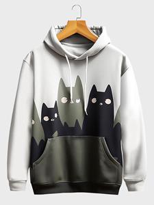 ChArmkpR Mens Cartoon Cat Print Kangaroo Pocket Drawstring Hoodies Winter