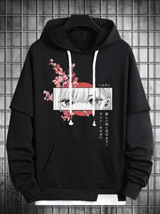 ChArmkpR Mens Japanese Cherry Blossoms Anime Print Patchwork Drawstring Hoodies Winter