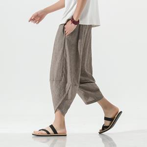 Trending Online Chinese stijl zomer kalf lengte casual mannen broek wijde pijp katoen linnen harem baggy broek