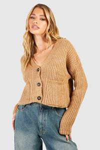 Boohoo 3 Button Slouchy Cardigan With Pockets, Brown