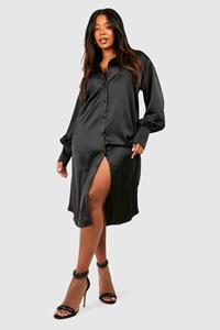 Boohoo Plus Satin Midi Shirt Dress, Black