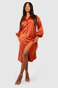 Boohoo Plus Satin Midi Shirt Dress, Burnt Orange