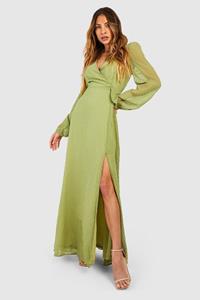 Boohoo Dobby Blouson Sleeve Wrap Maxi Dress, Chartreuse