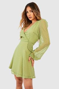 Boohoo Dobby Blouson Sleeve Wrap Mini Dress, Chartreuse