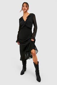 Boohoo Chiffon Flare Sleeve Midi Dress, Black