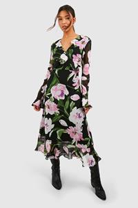 Boohoo Floral Chiffon Printed Smock Dress, Black