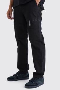 Boohoo Straight Leg Cargo Trouser With Branded Zip Puller, Black