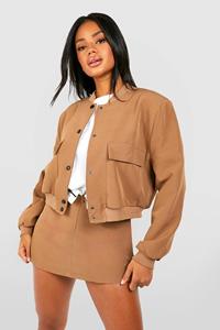 Boohoo Woven Pocket Detail Relaxed Fit Bomber Jacket, Camel