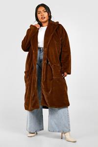 Boohoo Plus Faux Fur Longline Overcoat, Brown