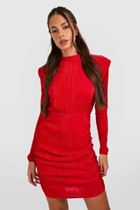 Boohoo High Neck Plisse Bodycon Dress, Red