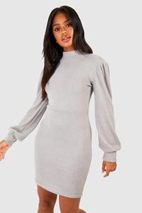 Boohoo Brushed Rib Volume Sleeve Mini Dress, Grey Marl
