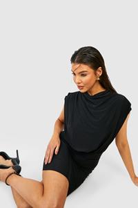 Boohoo Matte Slinky Rouched Shoulder Mini Dress, Black