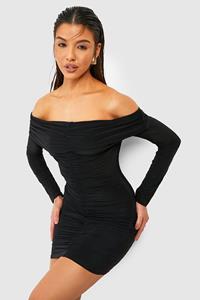 Boohoo Bardot Ruched Slinky Mini Dress, Black