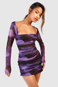 Boohoo Square Neck Ruched Printed Mesh Bodycon Dress, Purple