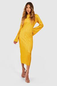 Boohoo Plisse Flare Sleeve Midaxi Dress, Mustard