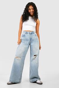 Boohoo Ripped Knee Distressed Relaxed Straight Leg Jeans, Washed Blue