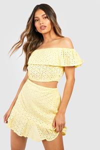 Boohoo Broiderie Anglaise Off Shoulder Top En Rok Set, Yellow