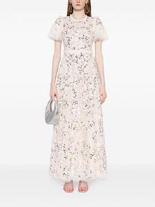 Needle & Thread floral-embroidered short-sleeve gown - Beige