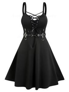Dresslily Plus Size Dress Plain Color Grommet Lace Up High Waisted A Line Midi Gothic Dress
