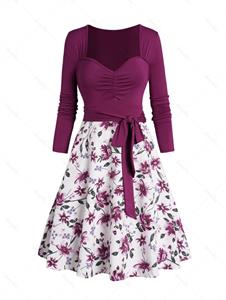 Dresslily Floral Print Ruched Belt Dress Sweetheart Collar A Line Mini Dress