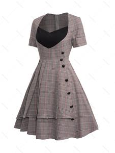 Dresslily Contrast Panel Neck Plaid Print Layered Dress Mock Button 2 in 1 Short Sleeve A Line Dress