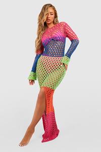 Boohoo Colour Block Crochet Long Sleeve Beach Maxi Dress, Bright Pink