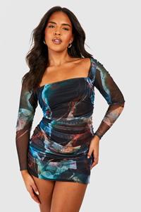 Boohoo Plus Mesh Bodycon Jurk Met Abstracte Print, Brown