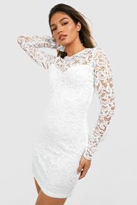 Boohoo Lace Flare Cuff Mini Dress, White