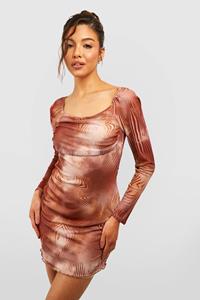 Boohoo Abstract Print Mesh Long Sleeve Mini Dress, Brown