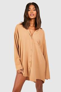 Boohoo Hammered Pocket Detail Fluid Fit Shirt Dress, Camel
