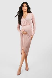 Boohoo Maternity Acetate Slinky Wrapover Midi Dress, Blush