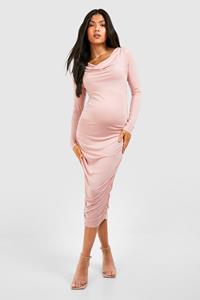 Boohoo Maternity Long Sleeve Slinky Cowl Neck Midi Dress, Blush