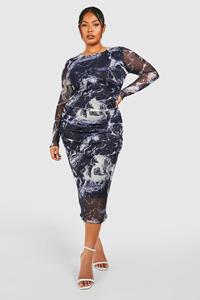 Boohoo Plus Mesh Abstract Print Ruched Midi Dress, Blue