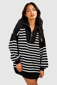 Boohoo Half Zip Funnel Neck Stripe Sweater Dress, Black