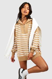 Boohoo Half Zip Funnel Neck Stripe Sweater Dress, Camel