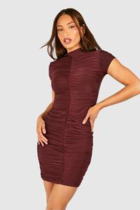 Boohoo Tall Double Slinky Ruched Front Mini Dress, Chocolate