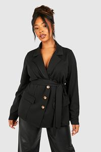 Boohoo Plus Crepe Belted Blazer, Black